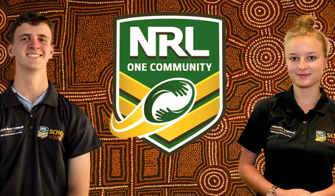 An Indigenous young man and an Indigenous young woman wearing dark polo neck shirts stand each side of a logo which says 'NRL One Community' with an Indigenous design in the background.