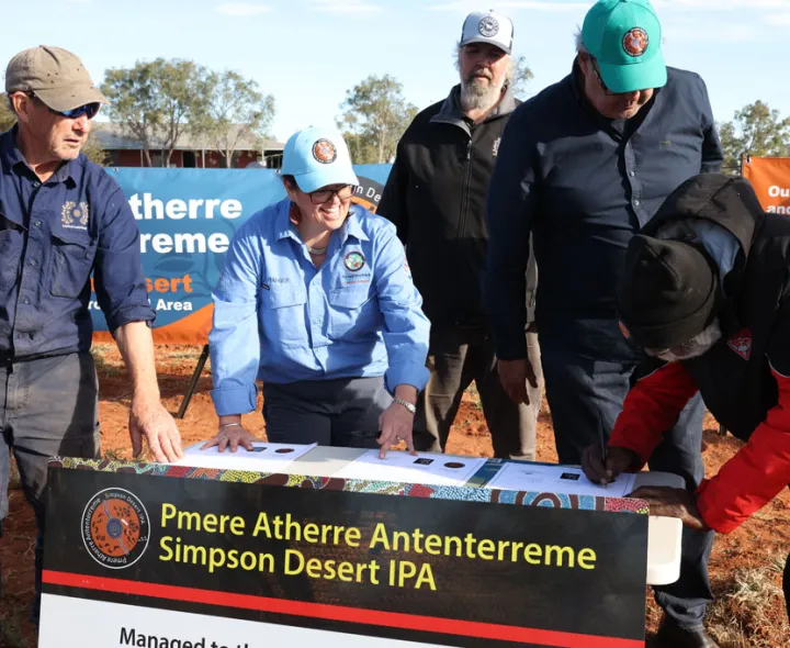 Pmere Atherre Antenterreme Simpson Desert IPA signing. Credit: Central Land Council