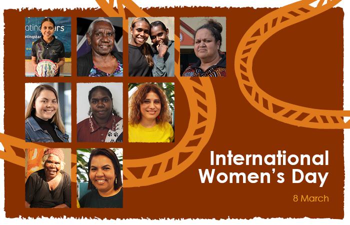 Large ochre coloured tile with multiple images of Indigenous women, some Indigenous designs and the following text: International Women’s Day 8 March.