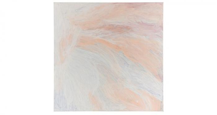 A pale painting incorporating white, blue, ochre and red wispy brush strokes running predominantly from top left to bottom right.