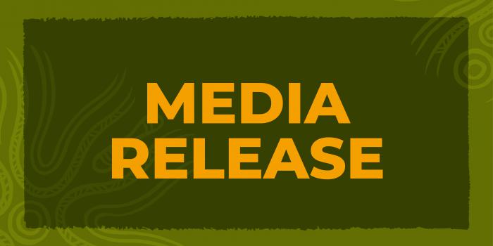 Dark green tile with lighter green border and yellow text: Media Release