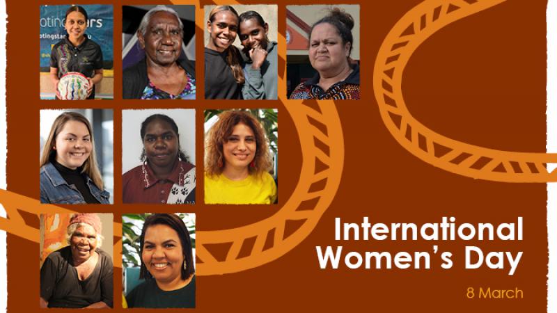 Large ochre coloured tile with multiple images of Indigenous women, some Indigenous designs and the following text: International Women’s Day 8 March.