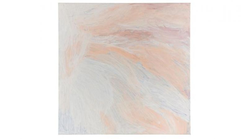 A pale painting incorporating white, blue, ochre and red wispy brush strokes running predominantly from top left to bottom right.