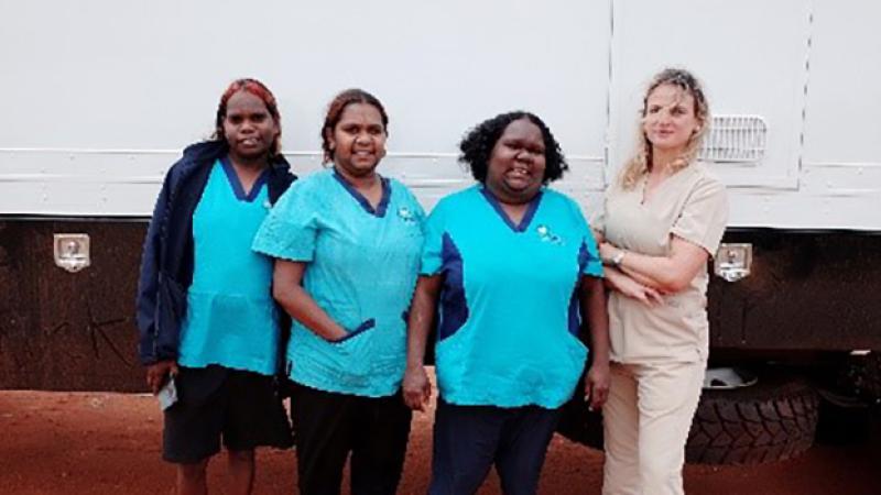 1.	Urapuntja Health Service practitioner trainees Nellasha Stirling (left), Nicole Jones (centre left) and Tessa Ross (centre right), with Urapuntja Health Service CEO Melissa Hinson (right).