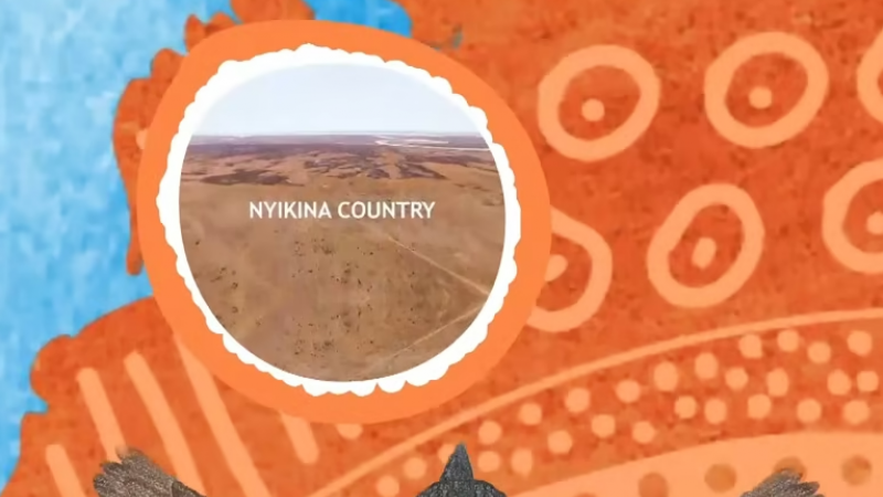 A tile featuring blue at top right and ochre filled with circles, dots and lines. At the bottom is a bird head and wing tips. At centre is embedded a photo of arid land and the text: Nyikina Country.
