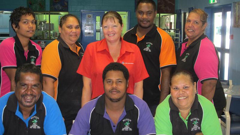 Front Row: Harrison Smith, Branton ‘BJ’ Keys, Sherri-Lynn Smith. Back row: Amy Neal, Kerrie-Ann Yeatman, Sue Edwards, Colin Fourmile and Lenore Moooman. All have completed a Certificate III in Aged Care.