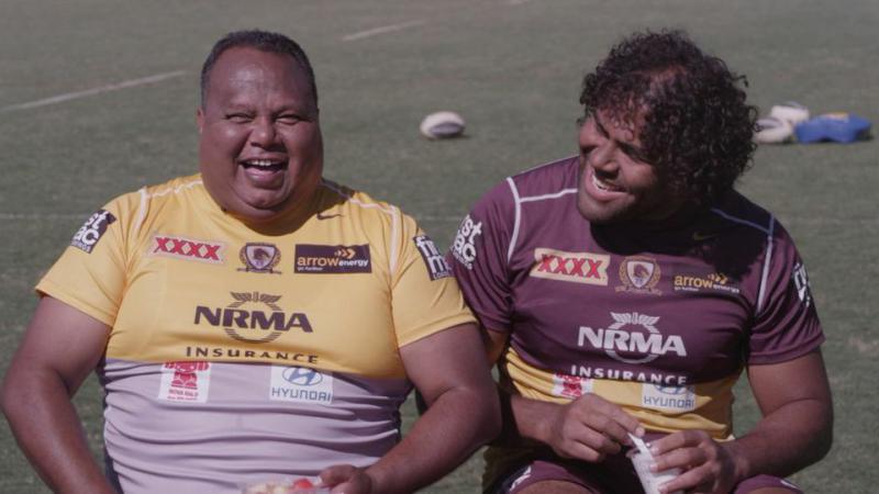 Uncle Gordon Langton and Sam Thaiday from the Brisbane Broncos in a ‘Deadly Choices’ healthy lifestyle ad.