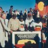 Sir Ninian Stephen, Clyde Holding, Traditional Owners Peter Bulla, Peter Kanari, Nipper Winmarti and his wife, Barbara Tjirkadu, Barry Cohen, at the handing back of Uluru in 1985.